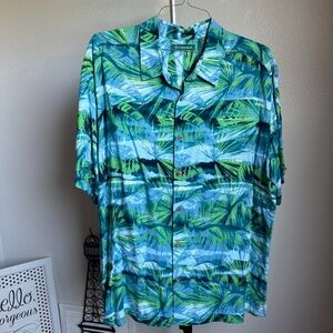Cubavera Hawaiian Shirt Mens Short Sleeve Tropical Palm Blue Green